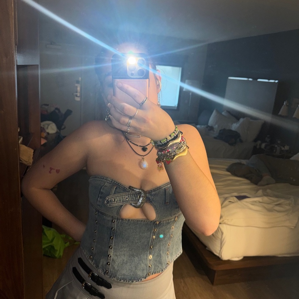 Denim Strapless Corset Crop Top - Blue